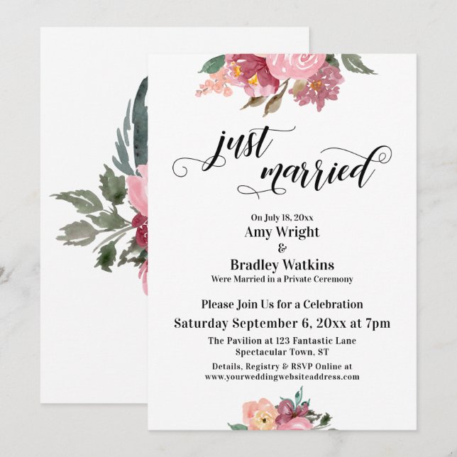 Pink Painted Flowers Just Married Typography Invitation (Front/Back)