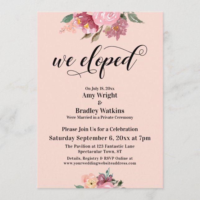 Pink Painted Flowers We Eloped Typography, Blush Invitation (Front)