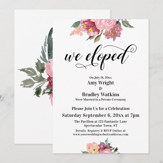 Pink Painted Flowers We Eloped Typography Invitation (Front/Back)