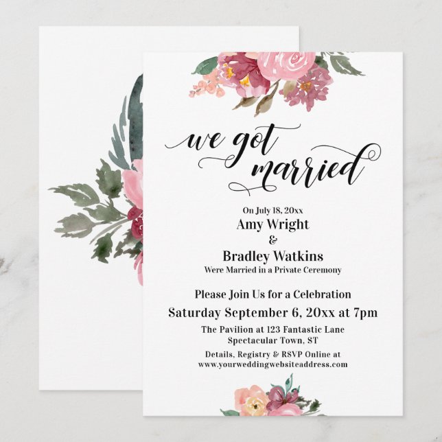 Pink Painted Flowers We Got Married Typography Invitation (Front/Back)