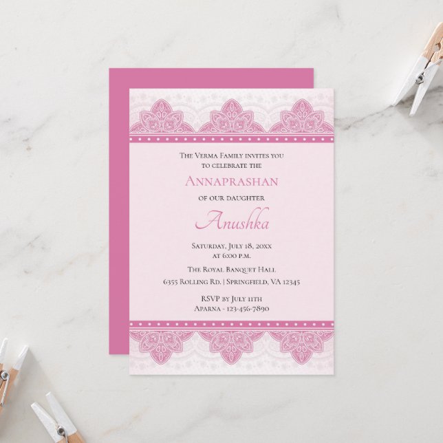 Pink Paisley Annaprashan | First Rice Ceremony Invitation (Front/Back In Situ)