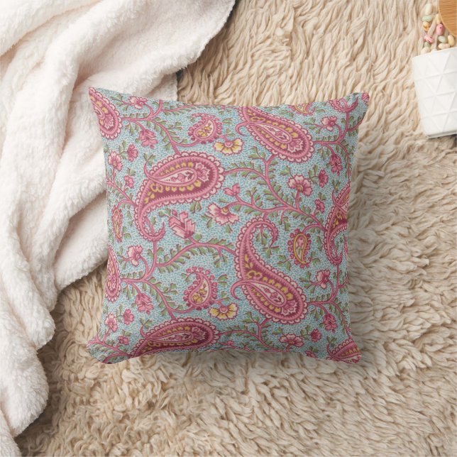 Pink Paisley Flowers on Turquoise Throw Pillow (Blanket)