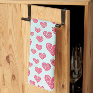 Pink paisley hearts valentine  tea towel
