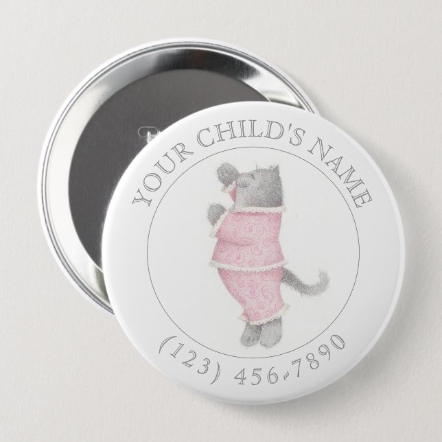 PINK PAJAMAS CAT Child ID Button - White (Front & Back)
