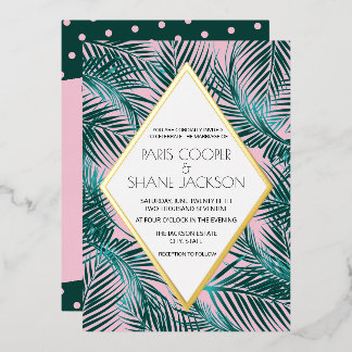 Pink Palm Deco Wedding Gold Foil Invitation