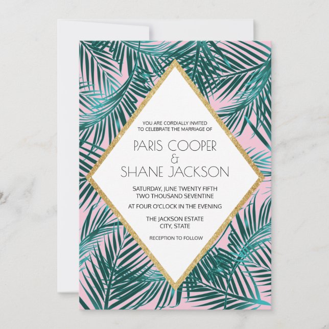 Pink Palm Deco Wedding Invitation (Front)