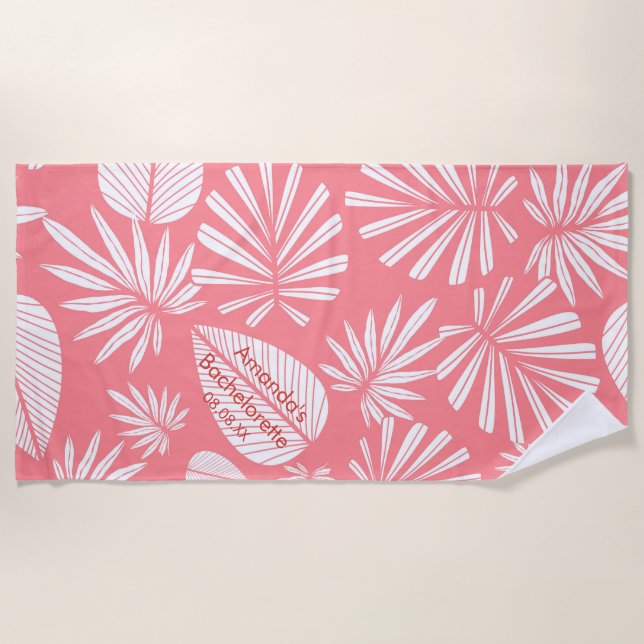 Pink Palm Leaf Bachelorette Party Personalised  Beach Towel (Front)