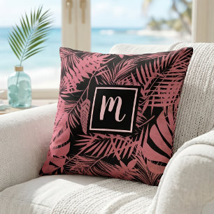Pink palm leaf pattern monogram modern script cushion