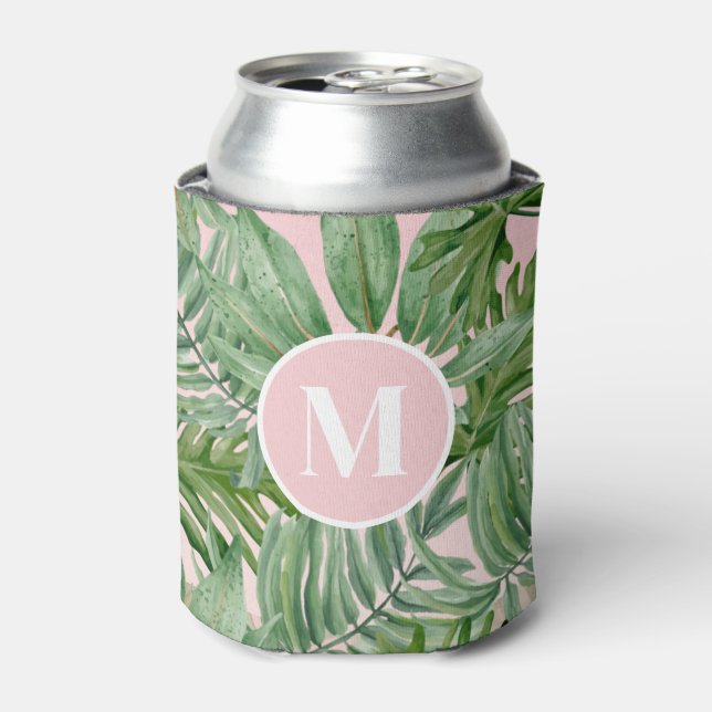 Pink Palm Leaf Tropical Floral Monogram Can Cooler (Can Front)
