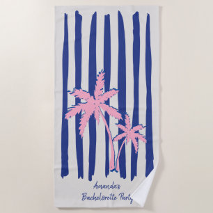 Pink Palm Pair on Blue Stripes Bachelorette Party Beach Towel