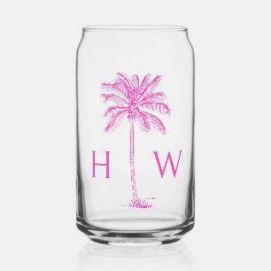 Pink Palm Palmetto Tree Monogram Can Glass