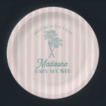 Pink Palm Spring Pastel Beach Baby Shower Paper Plate<br><div class="desc">Meet me in the palms! Our Palm Springs Party Collection is a dreamy blend of vintage beach cabana charm and pastel perfection. Featuring soft stripes, breezy palm trees, and a touch of retro glam, this collection brings the magic of a sun-soaked getaway to your celebration. Whether you're hosting a bachelorette...</div>