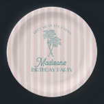 Pink Palm Spring Pastel Beach Birthday Party Paper Plate<br><div class="desc">Meet me in the palms! Our Palm Springs Party Collection is a dreamy blend of vintage beach cabana charm and pastel perfection. Featuring soft stripes, breezy palm trees, and a touch of retro glam, this collection brings the magic of a sun-soaked getaway to your celebration. Whether you're hosting a bachelorette...</div>