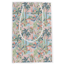 Pink Palm Toile Gift Bag, Tropical Scenic Print