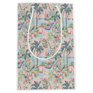 Pink Palm Toile Gift Bag, Tropical Scenic Print Medium Gift Bag
