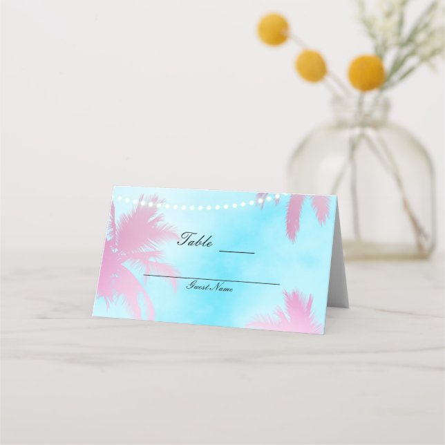 Pink Palm Trees Blue Sky & Lights Table Seat Place Place Card (Back)