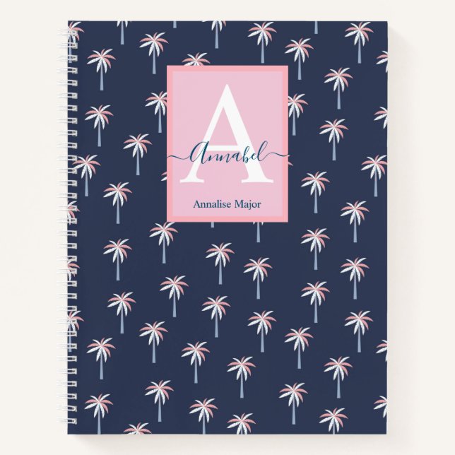 Pink Palm trees on navy patterned Monogrammed  Notebook (Front)