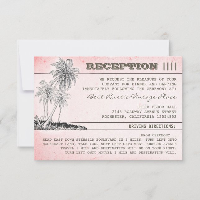 pink palm trees tropical beach wedding reception invitation (Front)