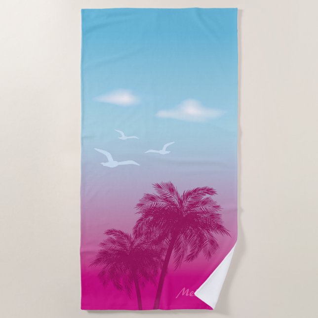 Pink Palm Trees Tropical Summer Sunset With Name Beach Towel (Front)
