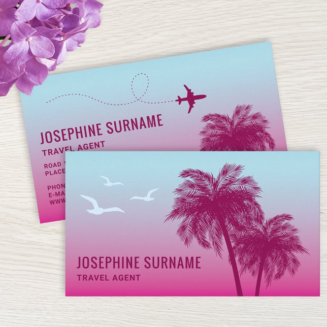 Pink Palm Trees Tropical Sunset Travel Agent Business Card (Ideal for people working within the travel and tourism industry.)