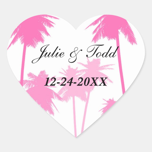 Pink Palm Trees Tropical Wedding Heart Sticker (Front)