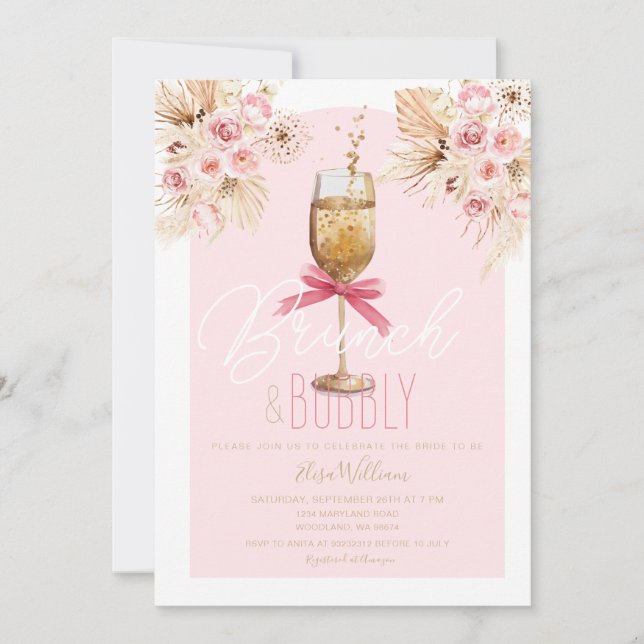 Pink Pampas Brunch & Bubbly Bridal Shower Invitation (Front)