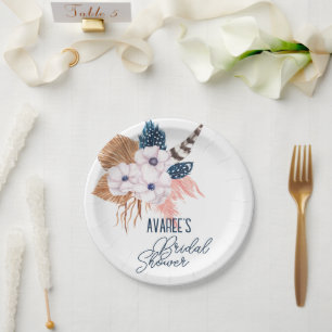 Pink Pampas Grass and Feather Bridal Shower Paper Plate