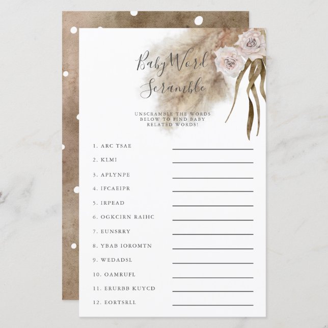 Pink Pampas Grass Baby Word Scramble Game (Front/Back)