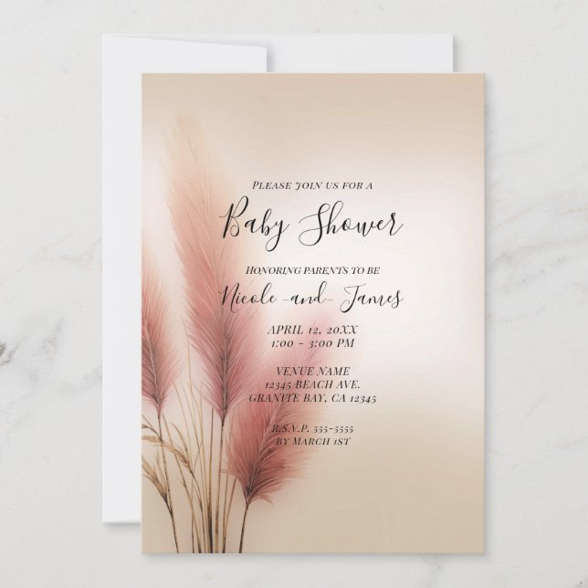 Pink Pampas Grass Bohemian Boho Baby Shower Invitation (Front)