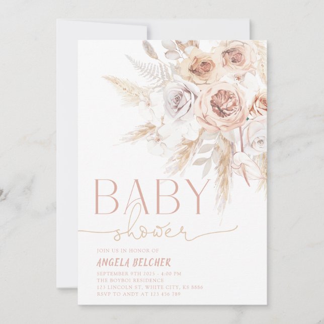 Pink Pampas Grass Boho Baby Shower Invitation (Front)