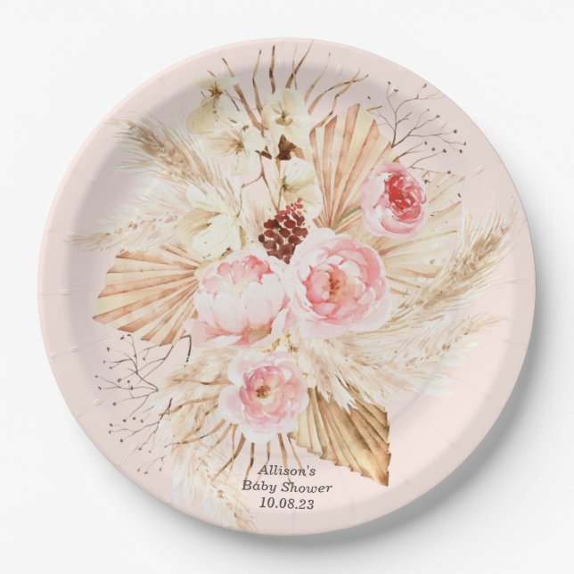 Pink Pampas Grass Boho Floral Baby Girl Shower Paper Plate (Front)