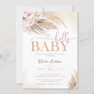 Pink Pampas Grass Boho Hello Baby Girl Baby Shower Invitation