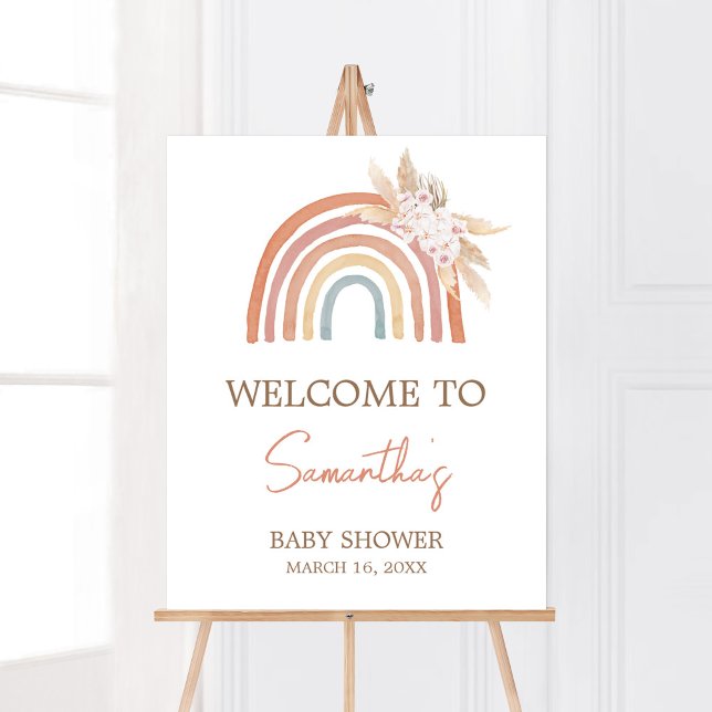 Pink Pampas Grass Boho Rainbow Welcome Poster (Girl Boho Rainbow Baby Shower Welcome Sign)