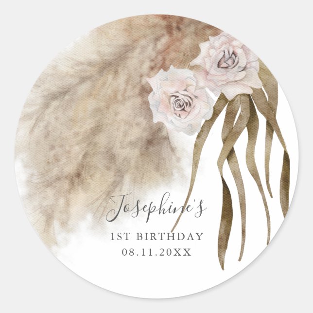Pink Pampas Grass Girl Birthday Party Classic Round Sticker (Front)