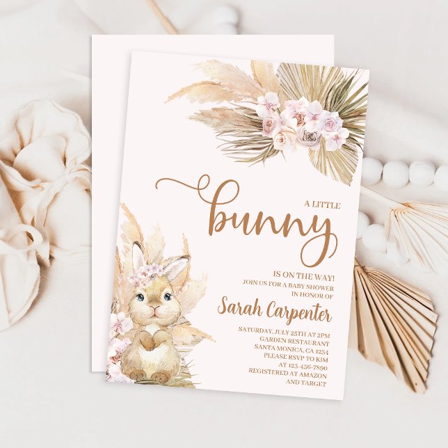 Pink Pampas Grass Girl Bunny Baby Shower Invitation (Creator Uploaded)