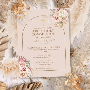 Pink Pampas Grass Gold Arch First Holy Communion  Invitation Postcard