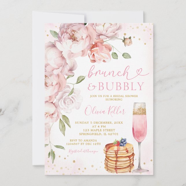 Pink Pancake Wine Brunch Bubbly Bridal Shower Invitation (Front)