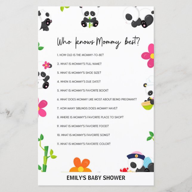 Pink Panda Baby Shower Game (Front)