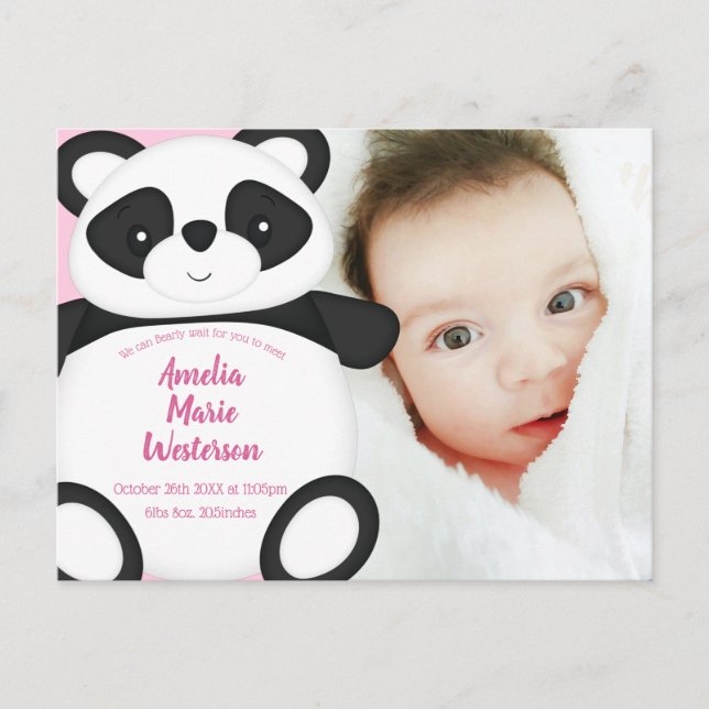 Pink Panda Bear Baby Birth Announcement  Postcard (Front)