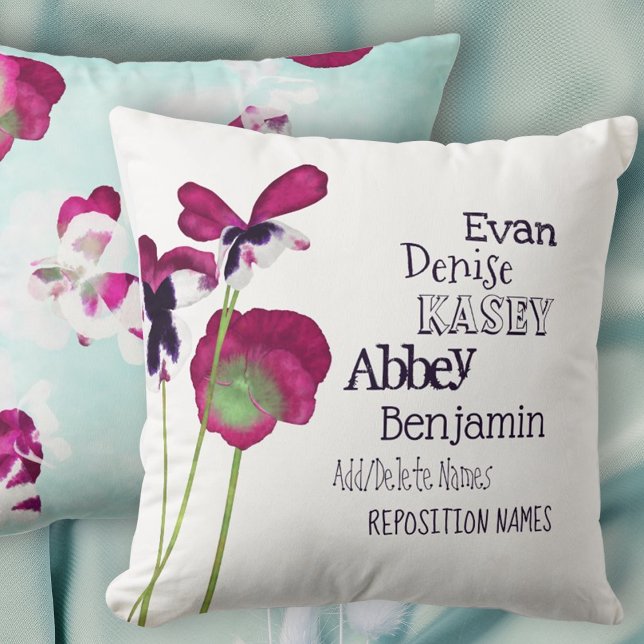 Pink Pansies Grandmother, Grandchildren's Names Cushion (mothers day mom grandma grandmother throw pillow children kids names pink turquoise floral flowers)