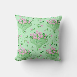 Pink pansies green bowl and background cushion