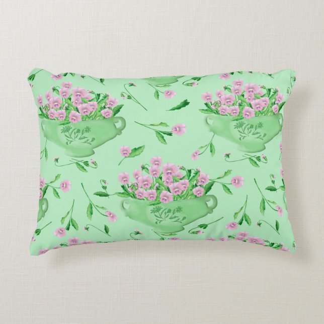 Pink pansies green bowl and background decorative cushion (Front)