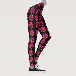 Pink Pansies On Black, Leggings
