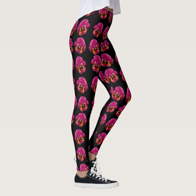 Pink Pansies On Black, Leggings (Right)