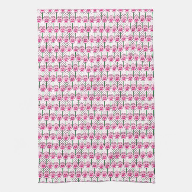 Pink pansies - retro wallpaper pattern tea towel (Vertical)