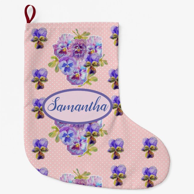 Pink Pansy Flower Pansies art Floral Spot Flowers  Large Christmas Stocking (Front)
