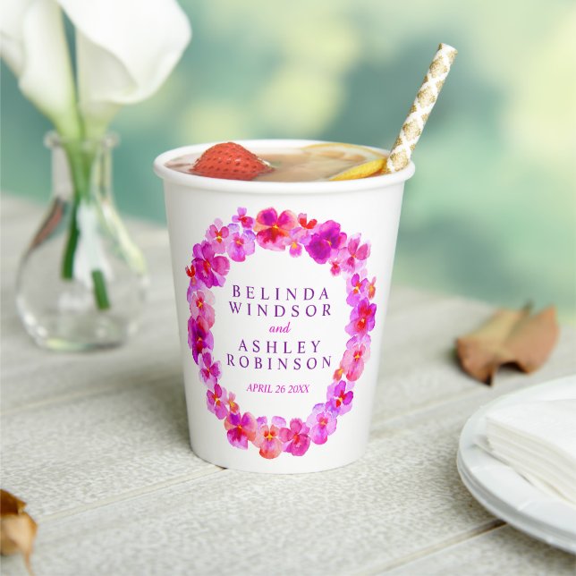Pink pansy flower wreath watercolor art wedding paper cups (Insitu)
