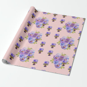 Pink Pansy flowers floral dot Watercolor Wrapping Paper