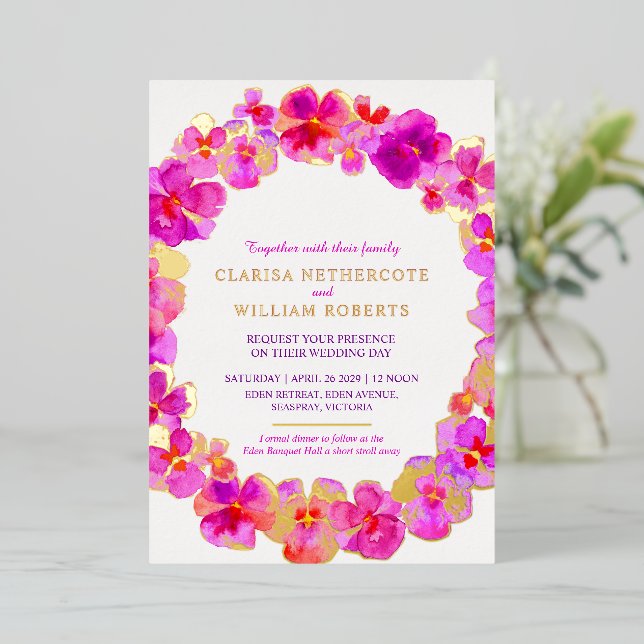 Pink pansy watercolor flower wedding gold (Standing Front)