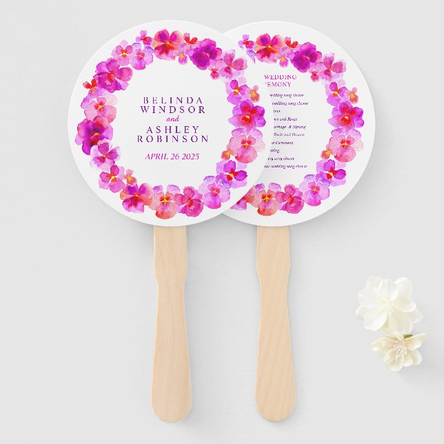 Pink pansy watercolor wedding program fans (Front and Back)